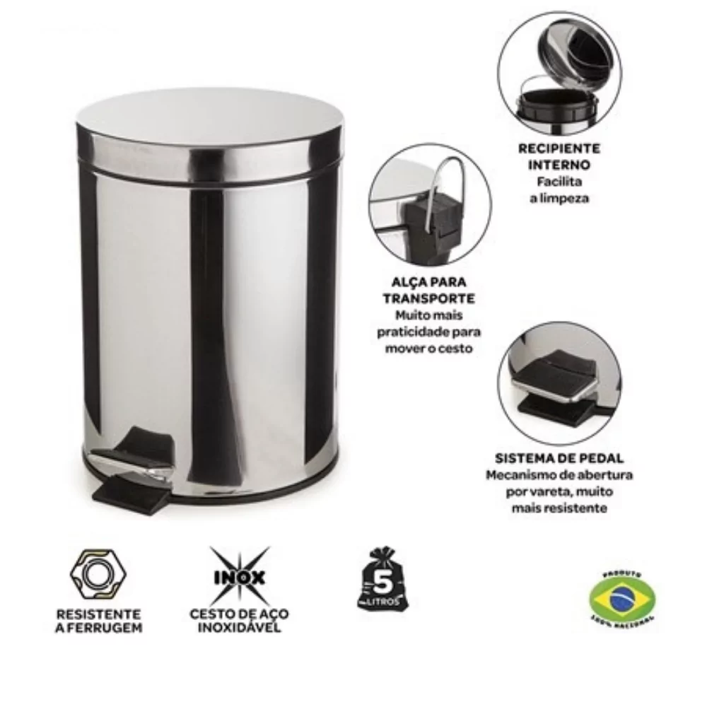 LIXEIRA INOX COM PEDAL E CESTO INTERNO - 10,5 LITROS - Imagem 3
