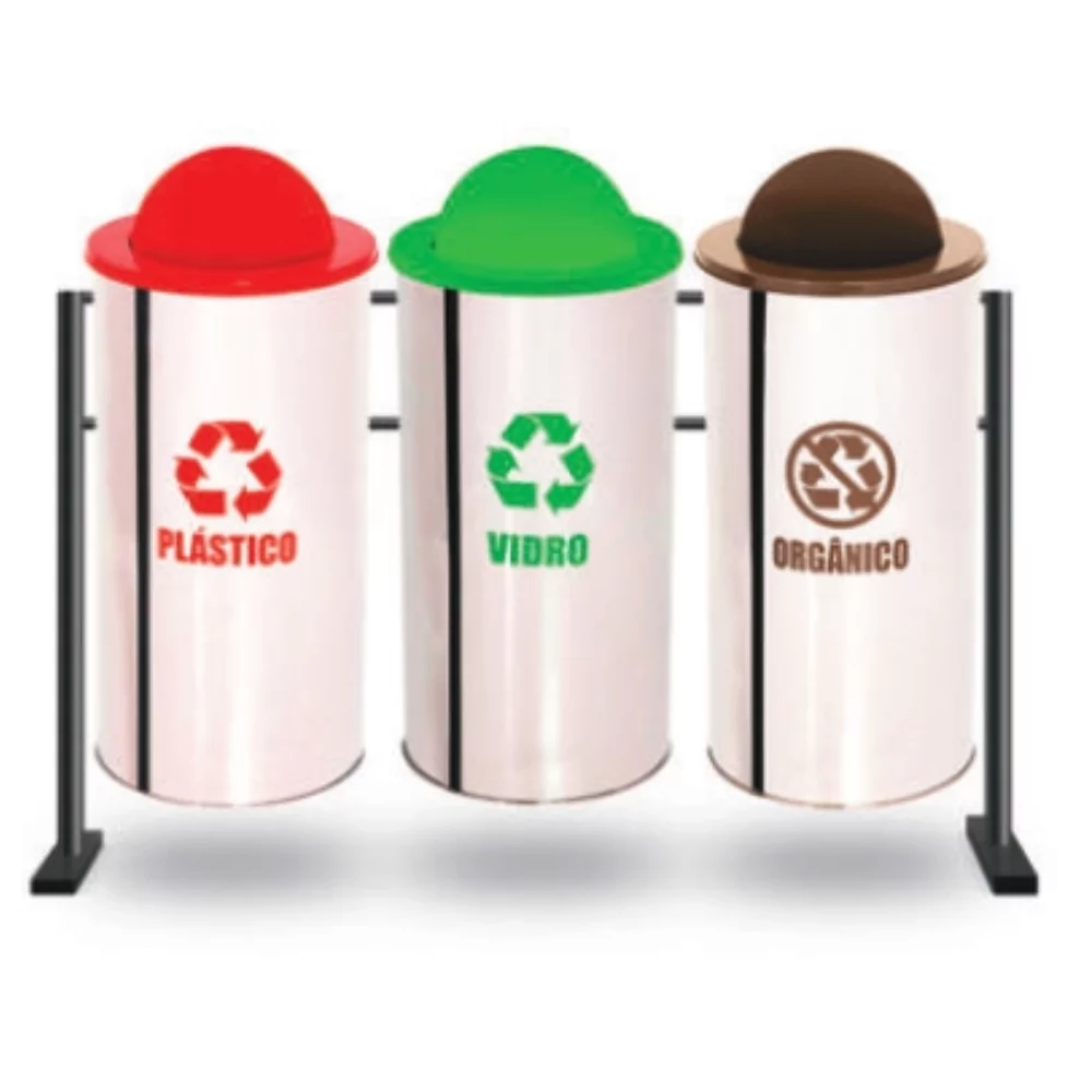 CONJUNTO 03 LIXEIRAS INOX TAMPA VAI E VEM 50 LITROS